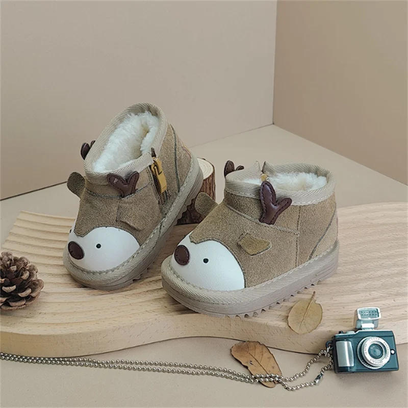 Chaussures en cuir chaudes en peluche pour bébés filles et garçons, semelle en caoutchouc non ald, dessin animé animal, bottes pour tout-petits, mode, hiver, nouveau, 15-25, 2024