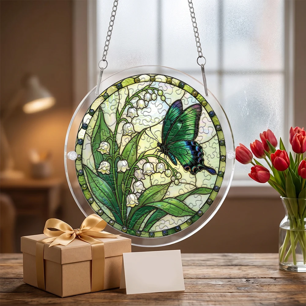 Stained Glass Flower/Butterfly Acrylic Puzzle Suncatcher, 18×18/20×20 2 Sizes DIY Window Hanging Decor
