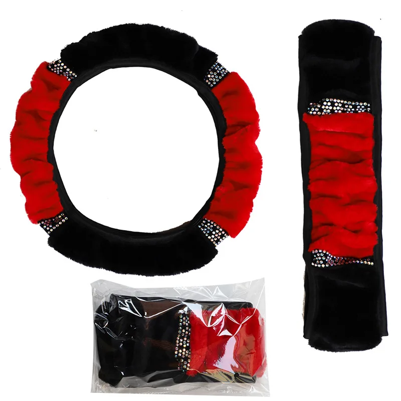Uniwersalny 37-38cm średnica miękki pluszowy Rhinestone osłona na kierownicę samochodu akcesoria wewnętrzne czarny różowy pokrowiec na kierownicę samochodu — zdjęcie 6