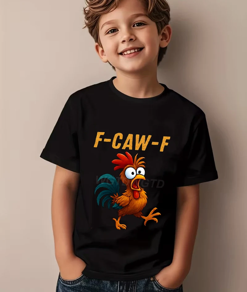

F-CAW-F Cartoon Rooster Graphic T-Shirt for Kids Fun Animals Black Tee with Yellow Rooster Design Short Sleeve for Boys Girls