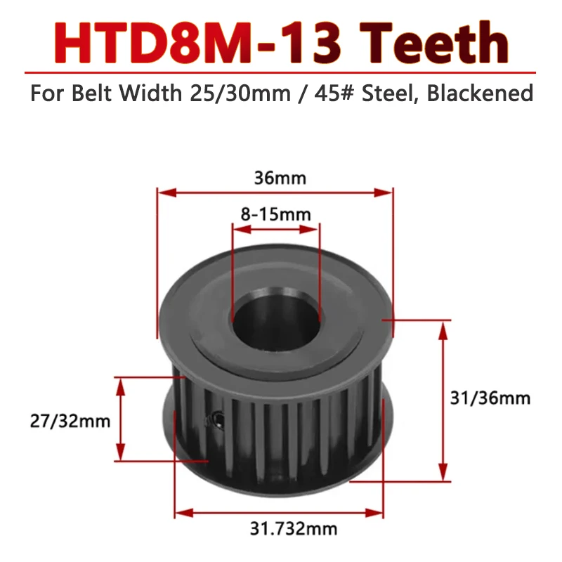 

1pc 13 Teeth HTD8M Steel Timing Pulley 13T 8M Drive Synchronous Wheel for Belt Width 25mm 30mm Bore 8/10/12/14/15mm Pitch 8mm