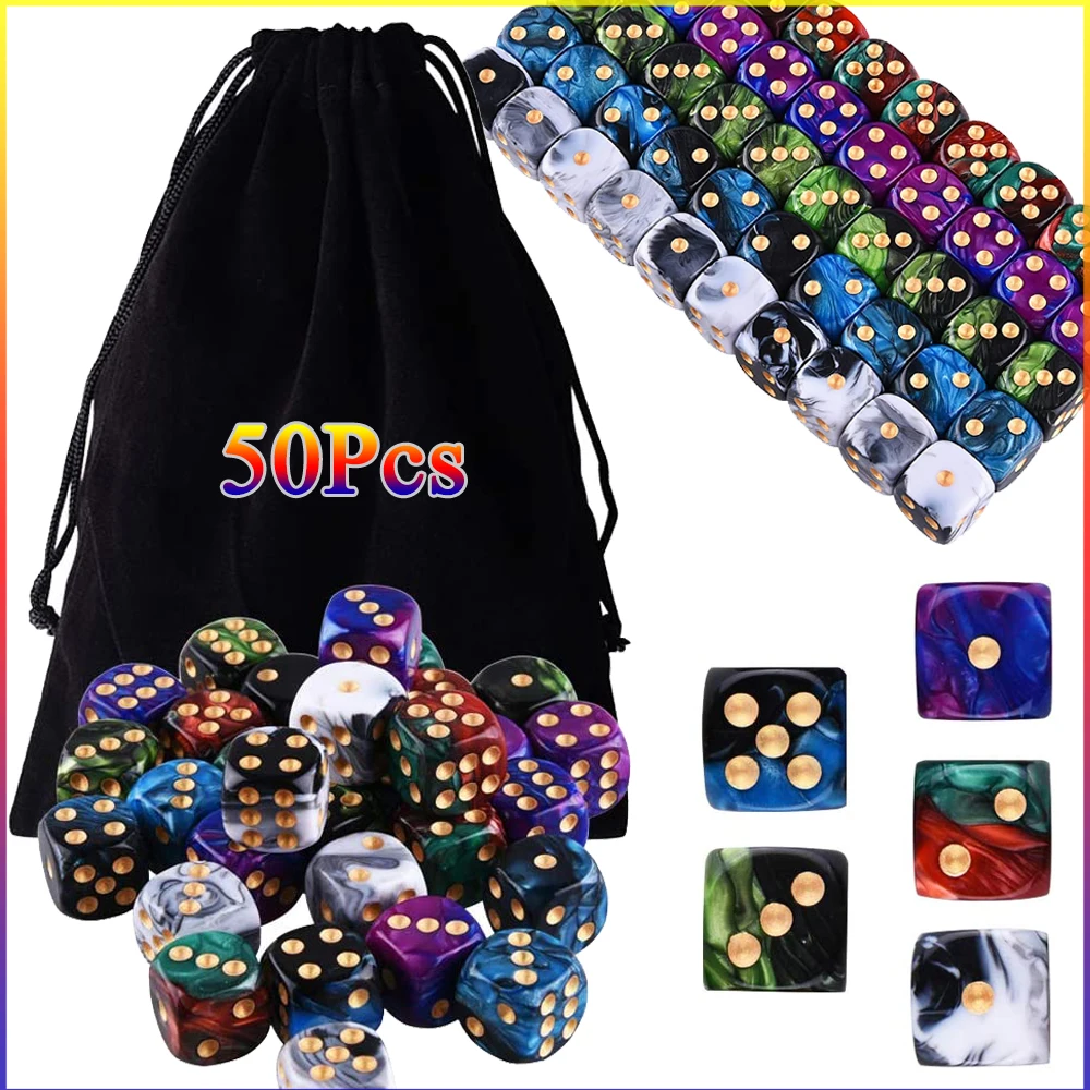 50/30/10Pcs 16mm 6 Sided Game Dice Set with Gold Pips Round Corner D6 Square Dice for Playing Board Teaching Math Game