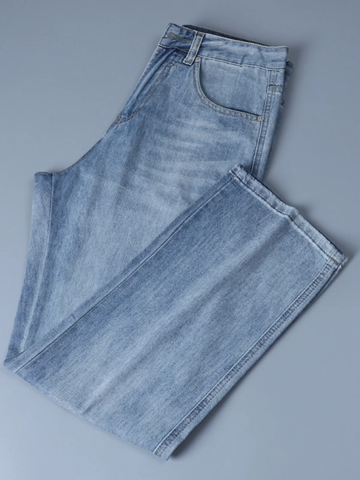 الرجال الربيع الصيف رقيقة فضفاضة مستقيم الساق الجينز أقدام كبيرة السراويل الطويلة العلامة التجارية العصرية لباس غير رسمي منتصف الخصر سستة #1