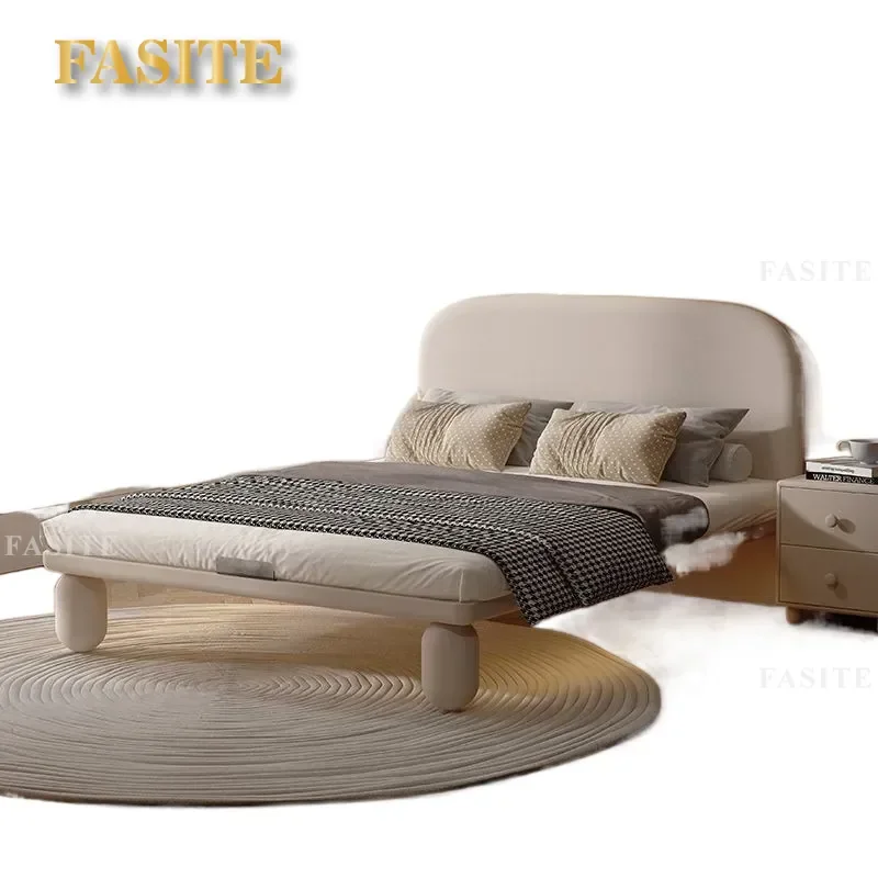 Solid Wood Cream Bed Frame Modern Floating Design Single Size Adult Bedroom Furniture Minimalist Aesthetic Stable Support