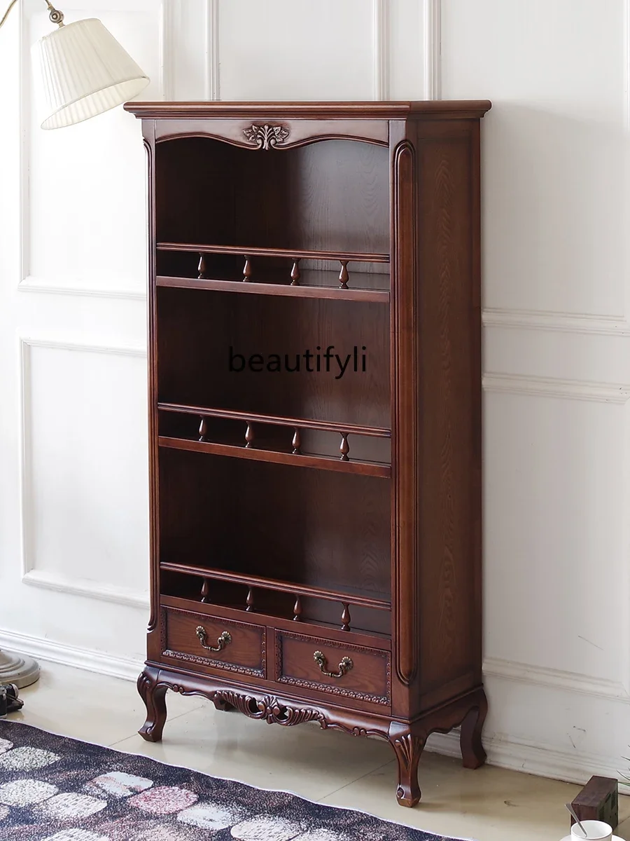 

American Country Bookshelf Retro European-Style Carved Solid Wood Bookcase Light Luxury Display Stand Floor Shelf