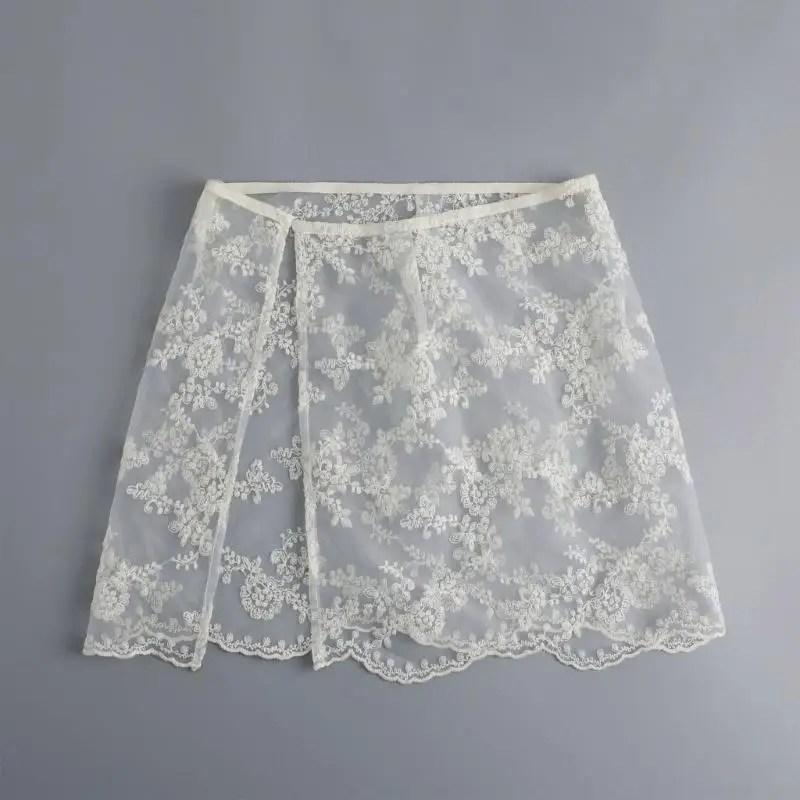 HX6F Layering Layering Setengah Bungkus Rok Lihat Melalui Bordir Bunga Renda Renda Pinggul Rok Apron Sisi Sisi Overskir