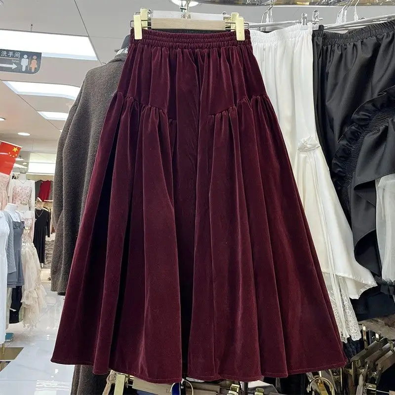 

All match velvet puffy midi skirt autumn and winter new retro elastic waistband patchwork drape Simplicity long skirt