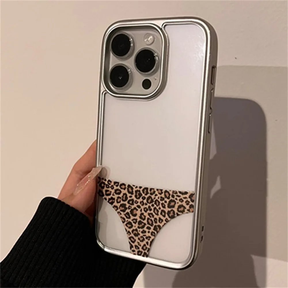 Funny Leopard Prints Panties Clear Phone Case For iPhone 16 15 13 14 12 Pro Max INS Creative Plating Frame Soft Silicone Cover