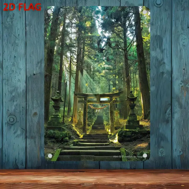 2D Flat Metal Tin Sign, Japanese Torii Gate Forest Stairs Sunbeam Design, Vintage Iron Wall Art, Green Nature Scene, Home/Living