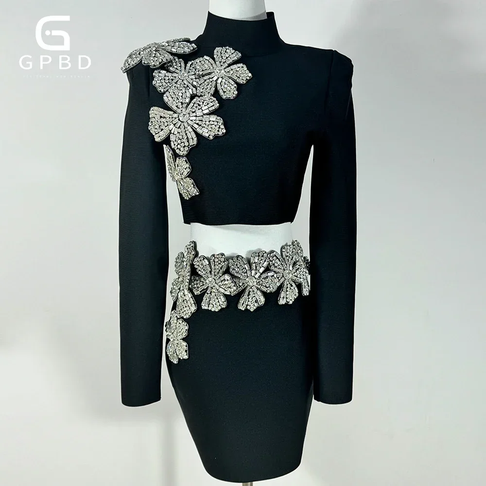 Women Elegant Bandage Sets Sexy Diamonds Beading Long Sleeves Tops & Mini Skirt Club Party Outwear Two Pieces Sets