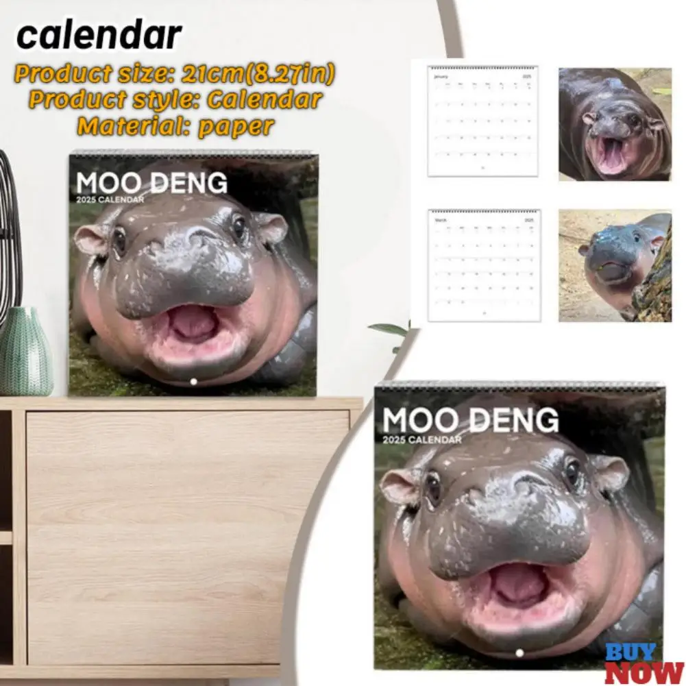 Moo Deng Calendar For 2025 | Creative Cartoon Hippopotamus Ornament, Cute Desktop Calendar Decoration |50 Page Copperplate Paper