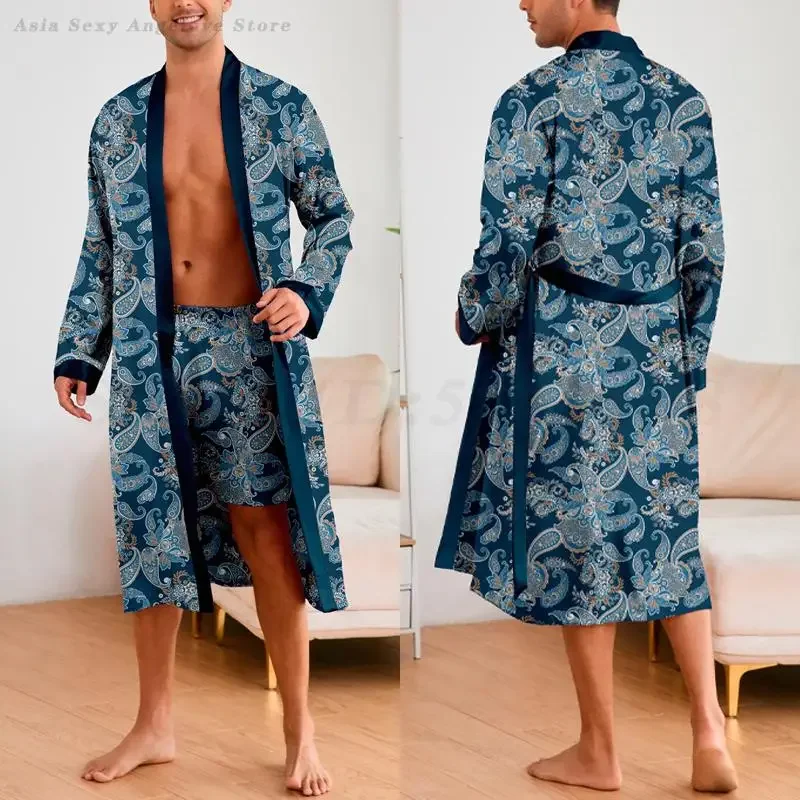 

Весенне-летняя мужская домашняя одежда, халат, шорты, пижамный комплект, шелковое атласное кимоно с цветочным принтом, халат, свободная одежда для сна