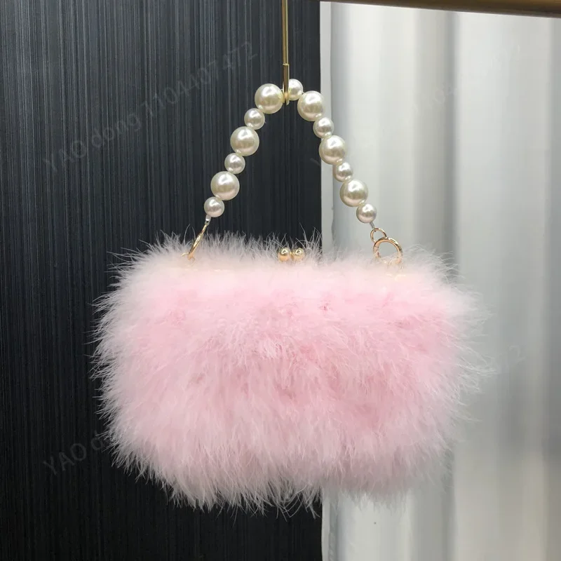 Yao Dong Catena di perle Borse da sera da donna in piume di struzzo Abito da sposa per feste femminile Pochette a tracolla Borsa con catena di perle da fata Pur