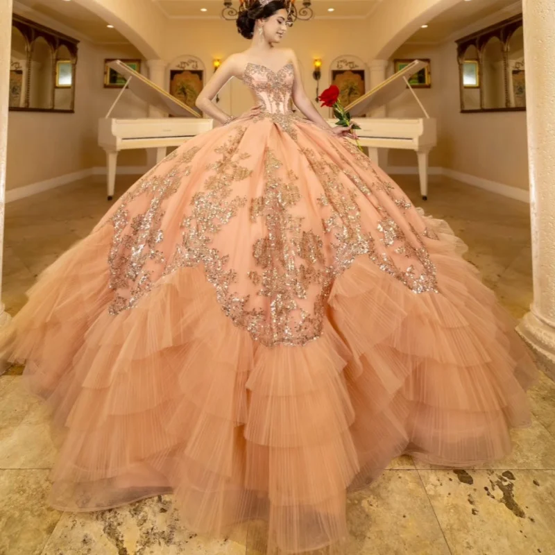 Orange épaules dénudées Quinceanera robe paillettes tulle paillettes décalcomanie dentelle superposition cristal robes de 15 Quinceanera ﻿ Personnalisé