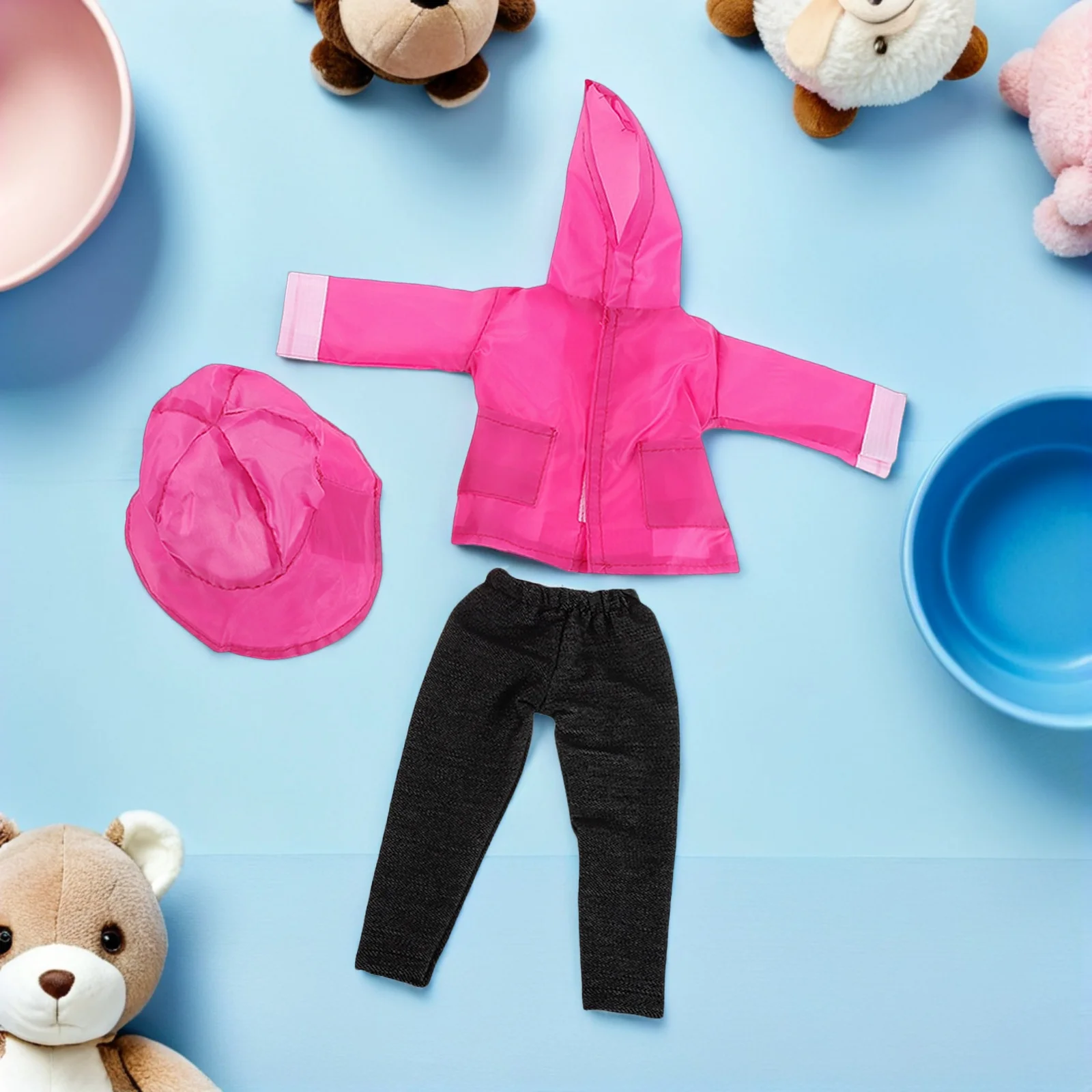 

1Set Waterproof Pink Hooded Jacket Pants Hat Raincoat Outfit Rain Gear 18 Inch Girl Accessories Easy on Off Dress Up Pretend