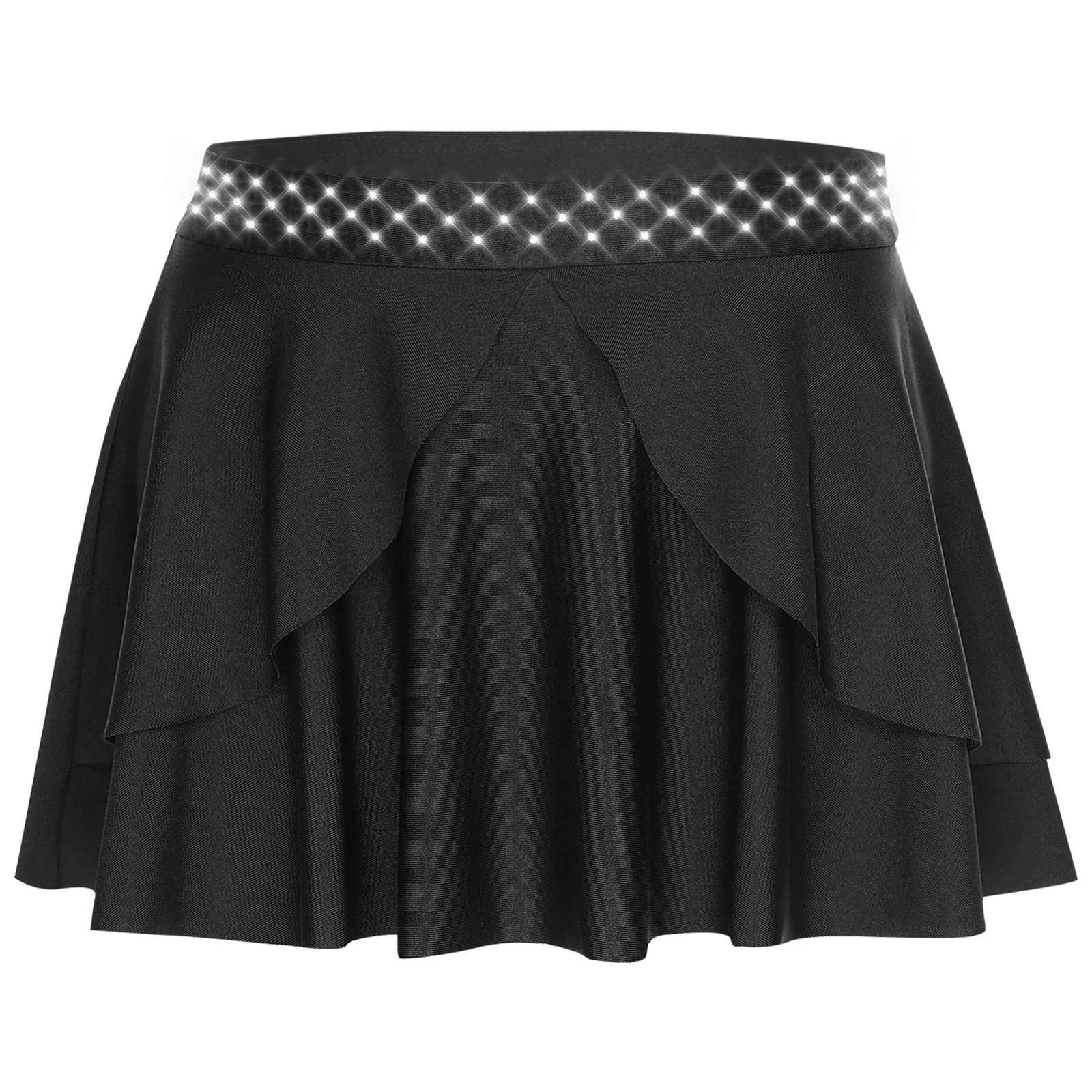 

Kids Girls Ballet Dance Skirt Shiny Rhinestones Irregular Hem Skirt with Built-in Briefs Gymnastics Skating Performance Costume