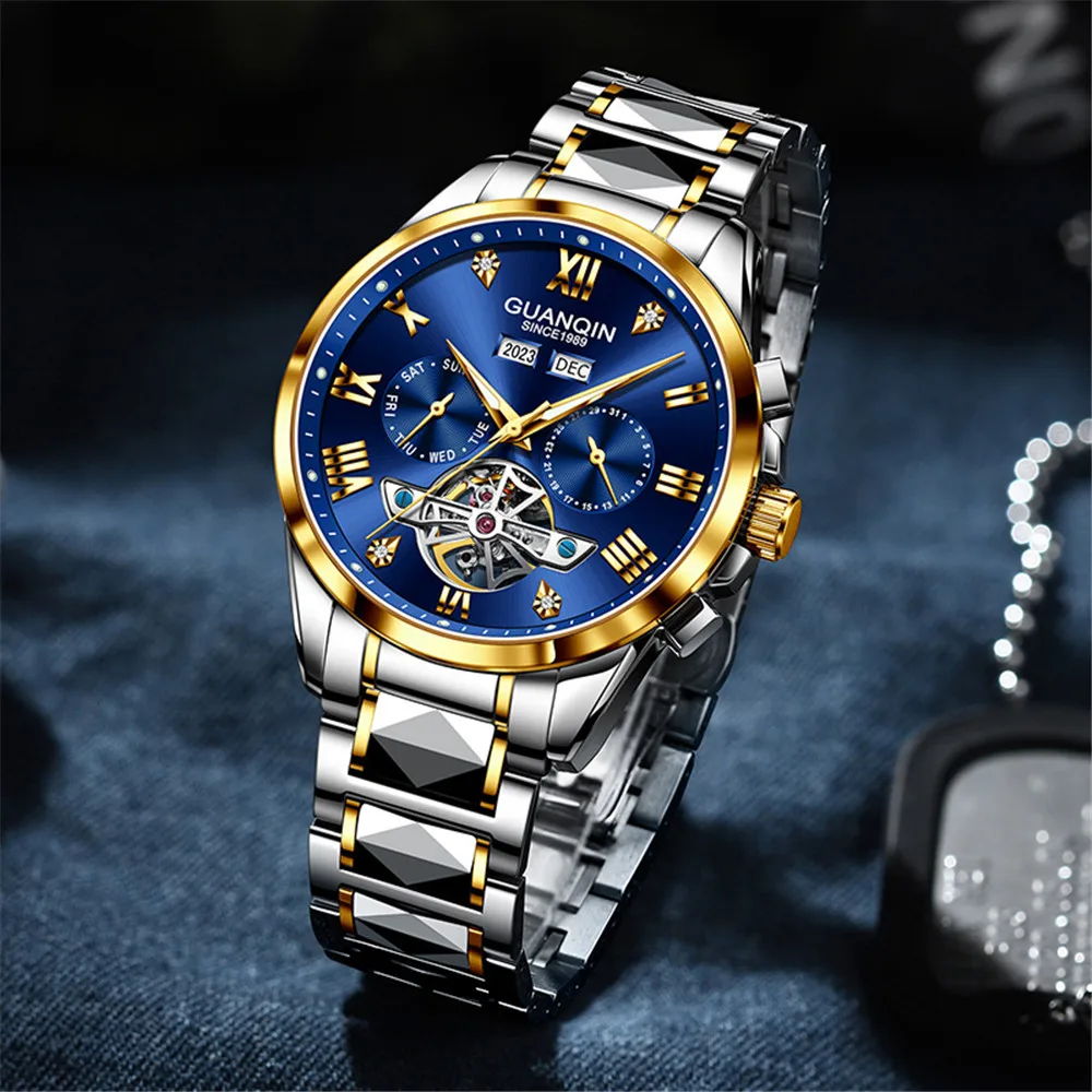 GUANQIN Men Luxury Brand Tungsten Steel Leather Business Watch Sport Automatic Mechanical Male Multifunctional Skeleton Clock