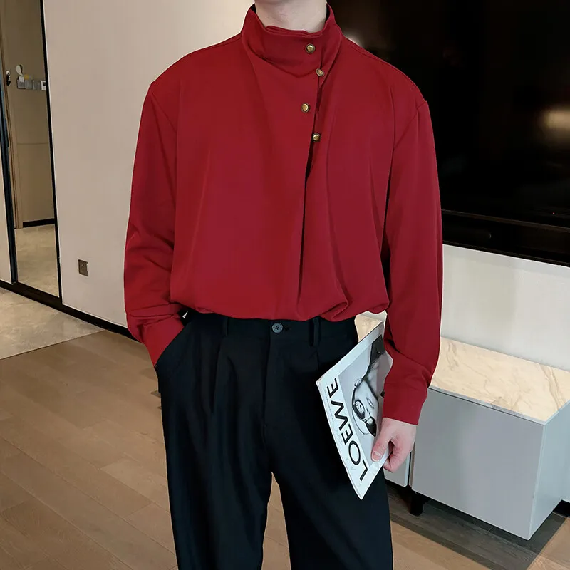 

2025 Chinese Style Men's Shirt Loose Long Sleeve Stand Up Collar Shirts Metal Button Decoration Oversized Social Street Shirt