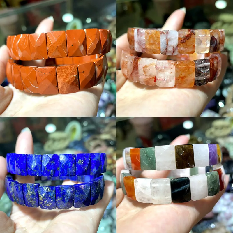 

New 10X12MM Cut Corner Square Inlaid With Natural Stone Amethyst Tiger Eye Agate Quartz Crystal Elastic Bracelet Jewelry