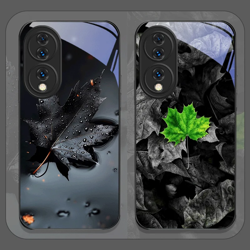Elegante Funda de Vidrio Templado con Estampado de Hoja de Arce Negra para Huawei Honor 400 200 Lite 100Pro 90 80 Magic 7 6 5 Pro