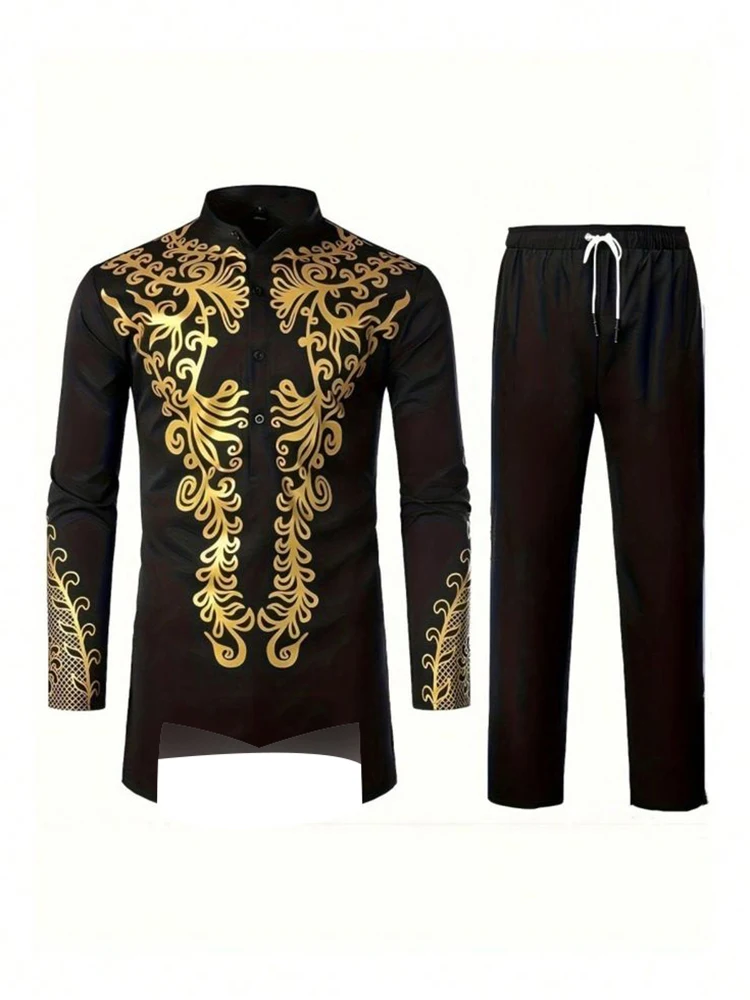 Muslim Robe Printing Black White Yellow Navy Blue Long-Sleeved Trousers The Traditional Dress of Arab Men 3D Pattern