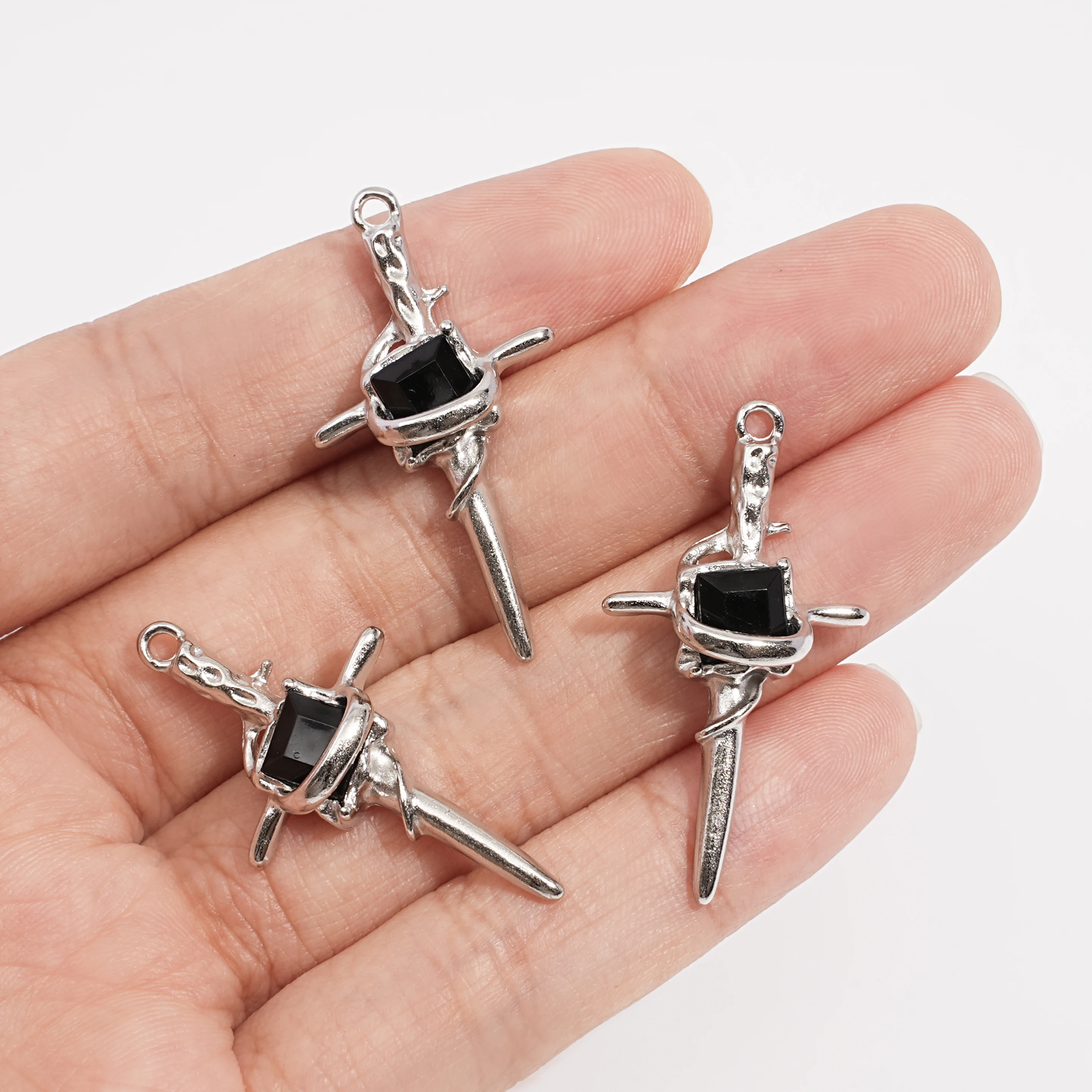 10 Pieces Silver-Themed Sword-Shaped Cross Jewelry Set with Black Square Brick Inlay - Pendant Necklace & Bracelet Access