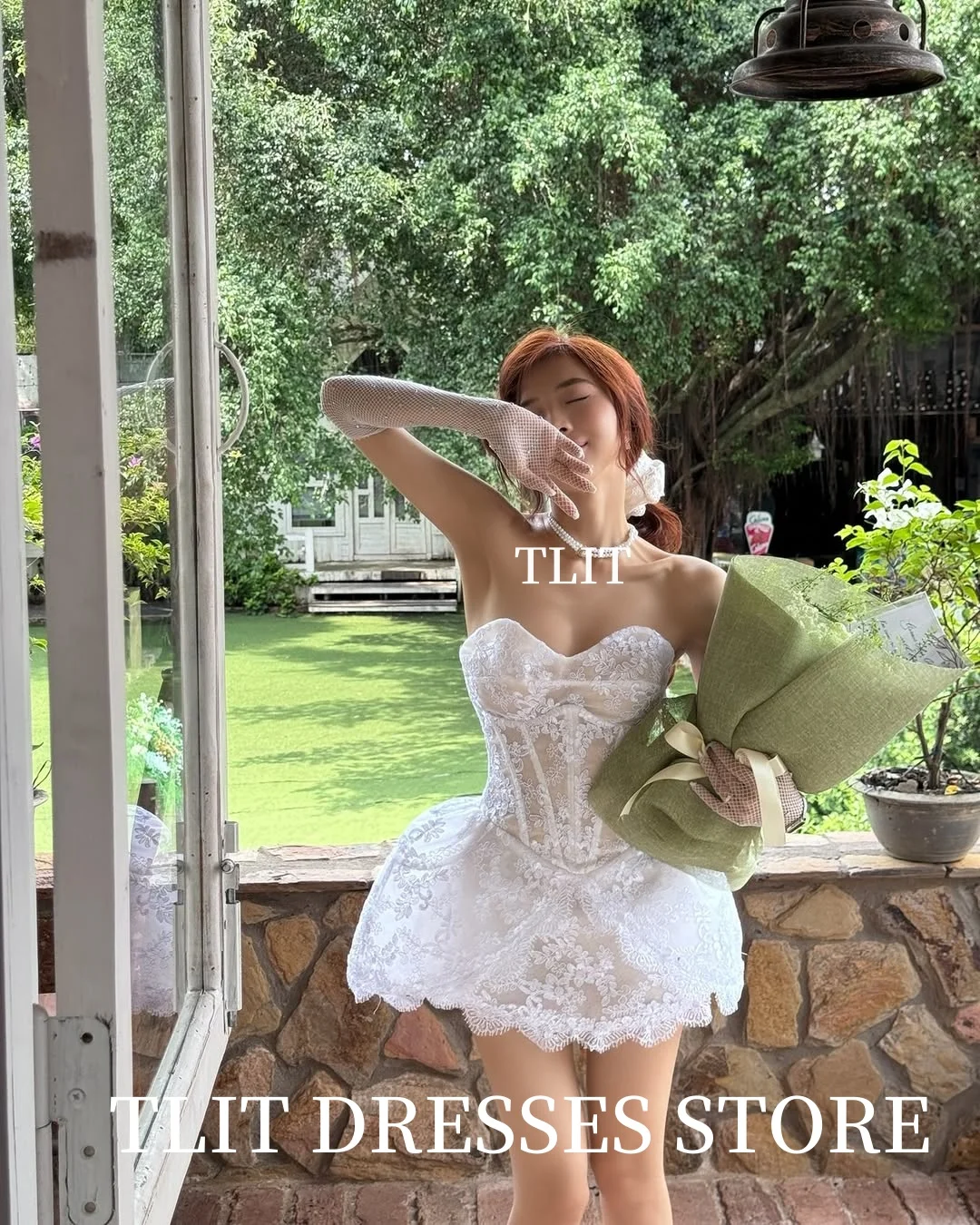 فساتين سهرة قصيرة مثيرة من الدانتيل على شكل حرف A من TLIT على شكل قلب بدون أكمام قصيرة برباط حتى فساتين كوكتيل مخصصة للحفلات الرسمية