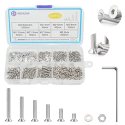 WZHUIDA 660pcs M2 304 스테인레스 스틸 육각 육각형 소켓 플랫 카운터 싱크 헤드 나사 볼트 너트 와셔 세트 키트 DIN7991