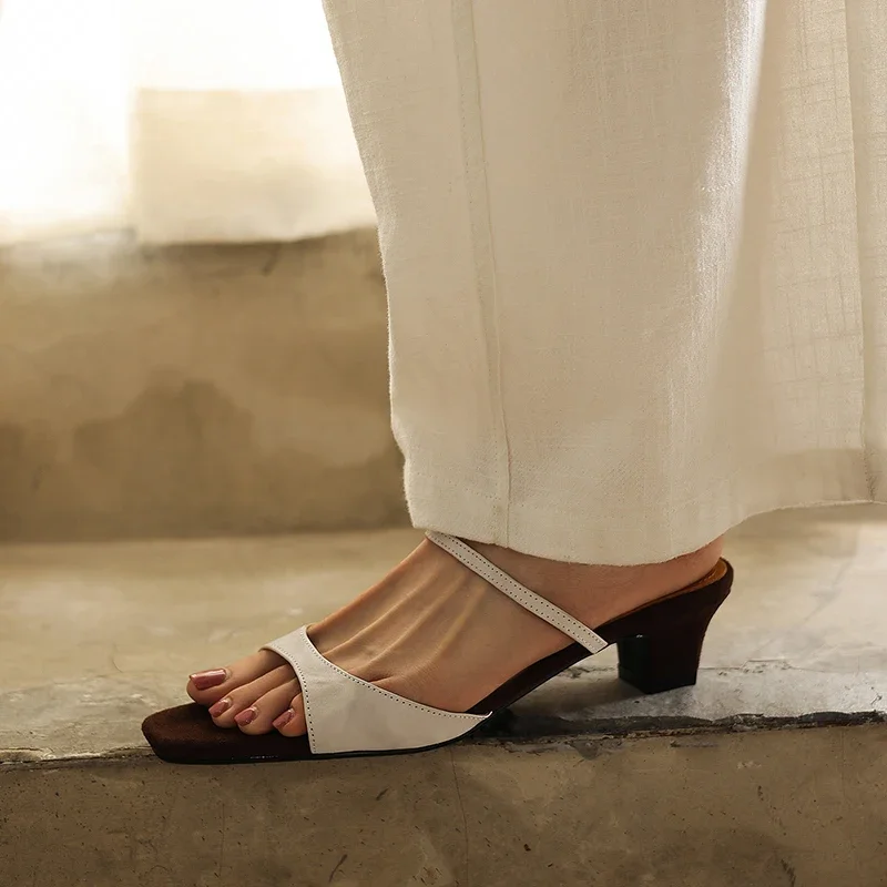 Genuine Leather Women Mules Summer Elegant Mid Block Heel Sandals Open Square Toe Color Block Waxed Cowhide Slides Size 34-42