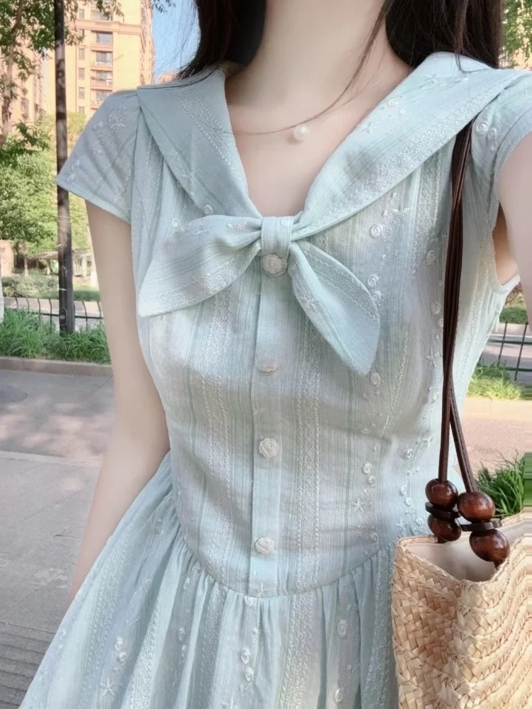 

Fre Navy Collar ort Sve A-Line Long Dr Women's Summer High Waist Cinched Waist Gown Casual Pure Color Single Button