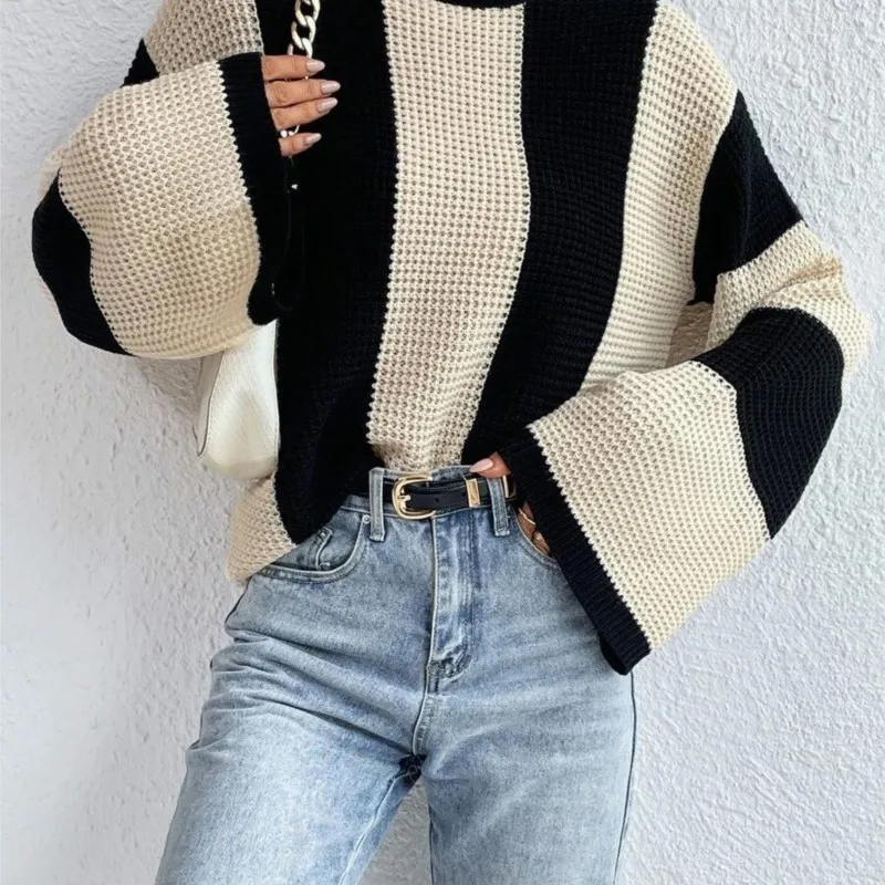 Women\'s Fashion Long Sleeve Sweater Pullover Round Neck Off Shoulder Sweater Casual Knitted Sweater Tops Coat Sweater