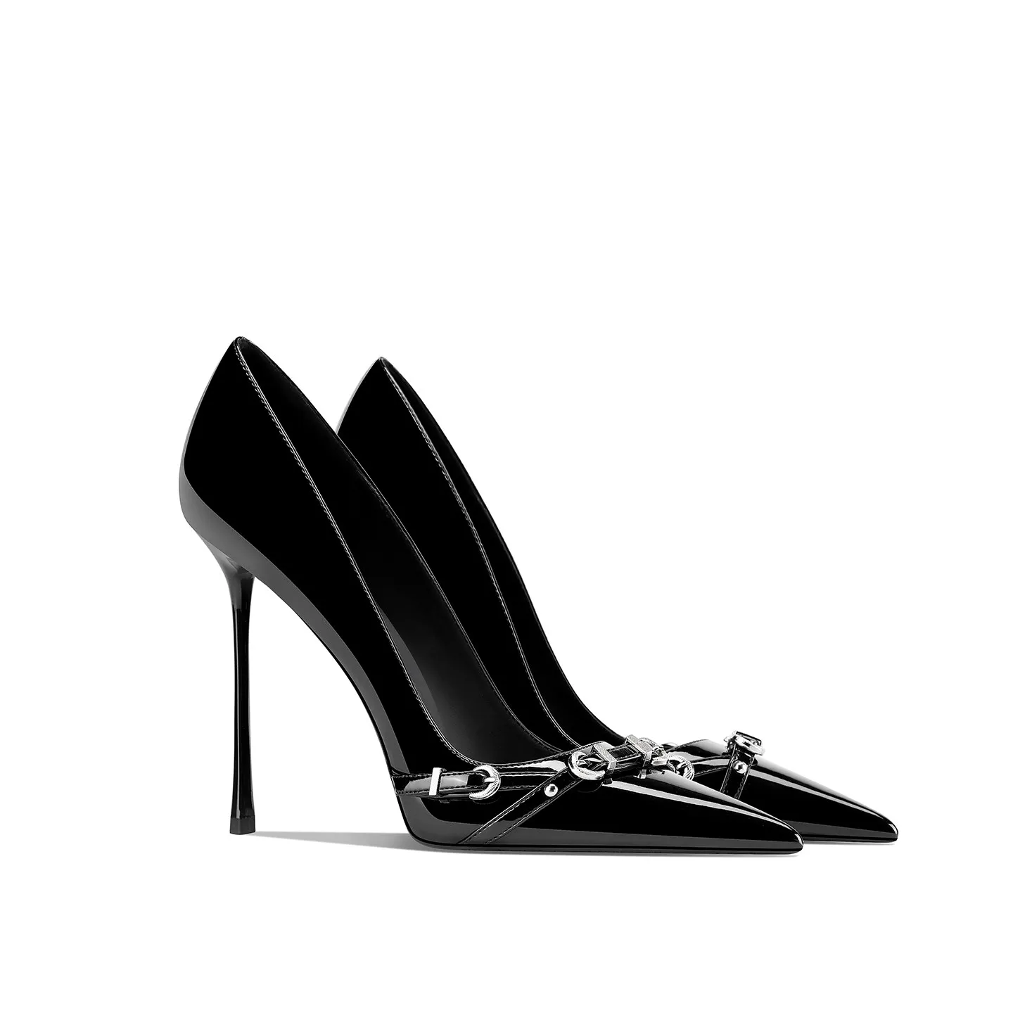 Lacquer Leather Black Metal Chain Pointed Design, Slim Heels, High Heels for Women, New Fashion for Spring and Summer 2026