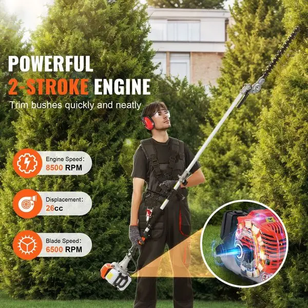 26CC 5-in-1 Multi-Functional Trimming Tools, Gas Hedge Trimmer, Weed Eater, String Trimmer, Edger, Pole Saw Chainsaw Pruner with