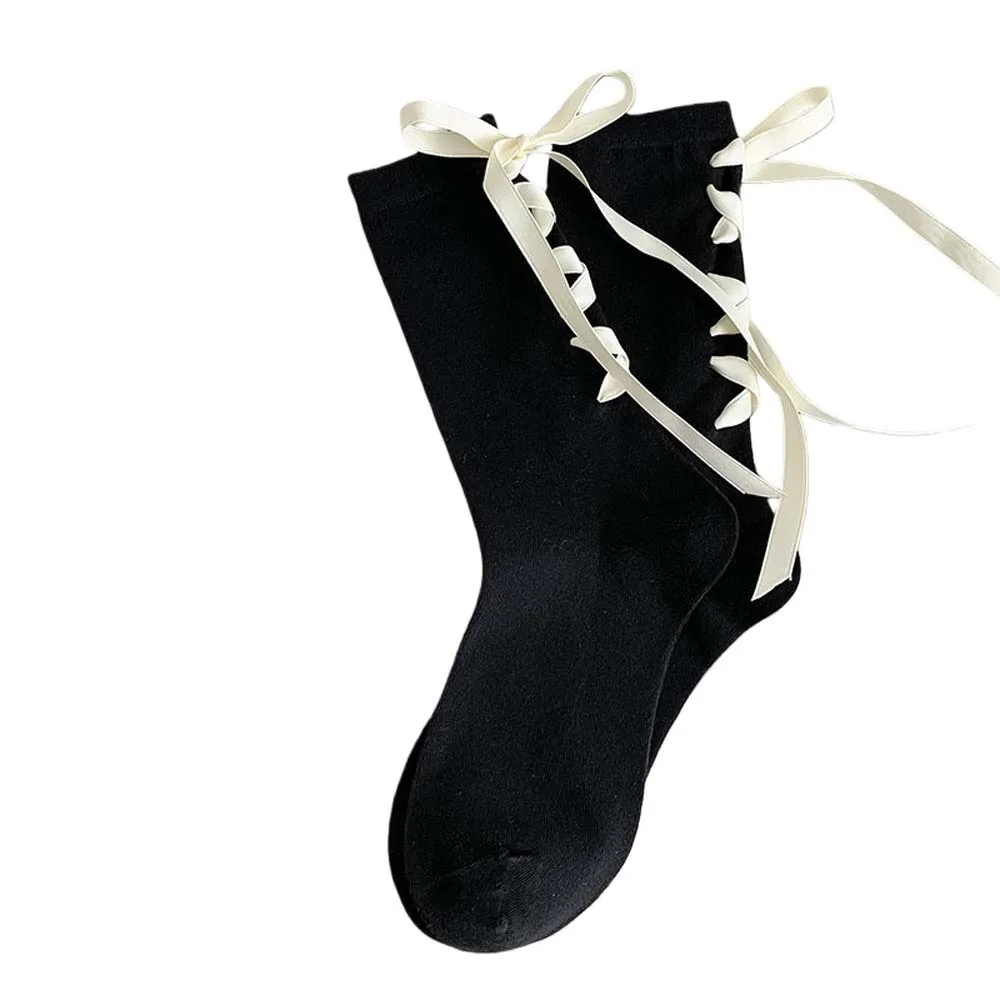 

Breathable Cotton Japanese JK Bow Socks Lolita Style Comfortable Cute Warm Socks Black White Versatile Thermal Floor Socks Women