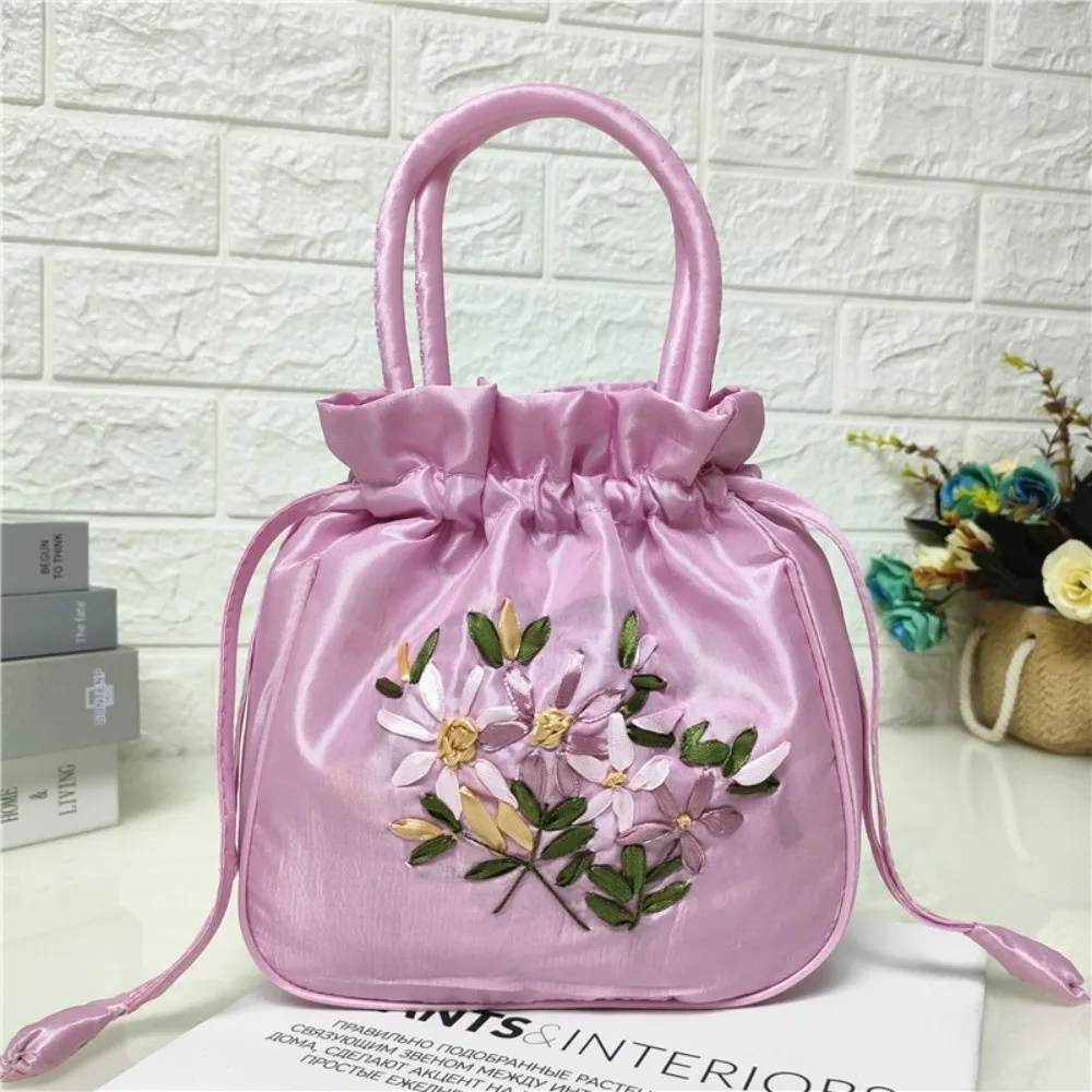Embroidered Flower Pattern Women Bucket Bag National Style Phone Bag Top Handle Bag Small Dacron Ladies Handbag