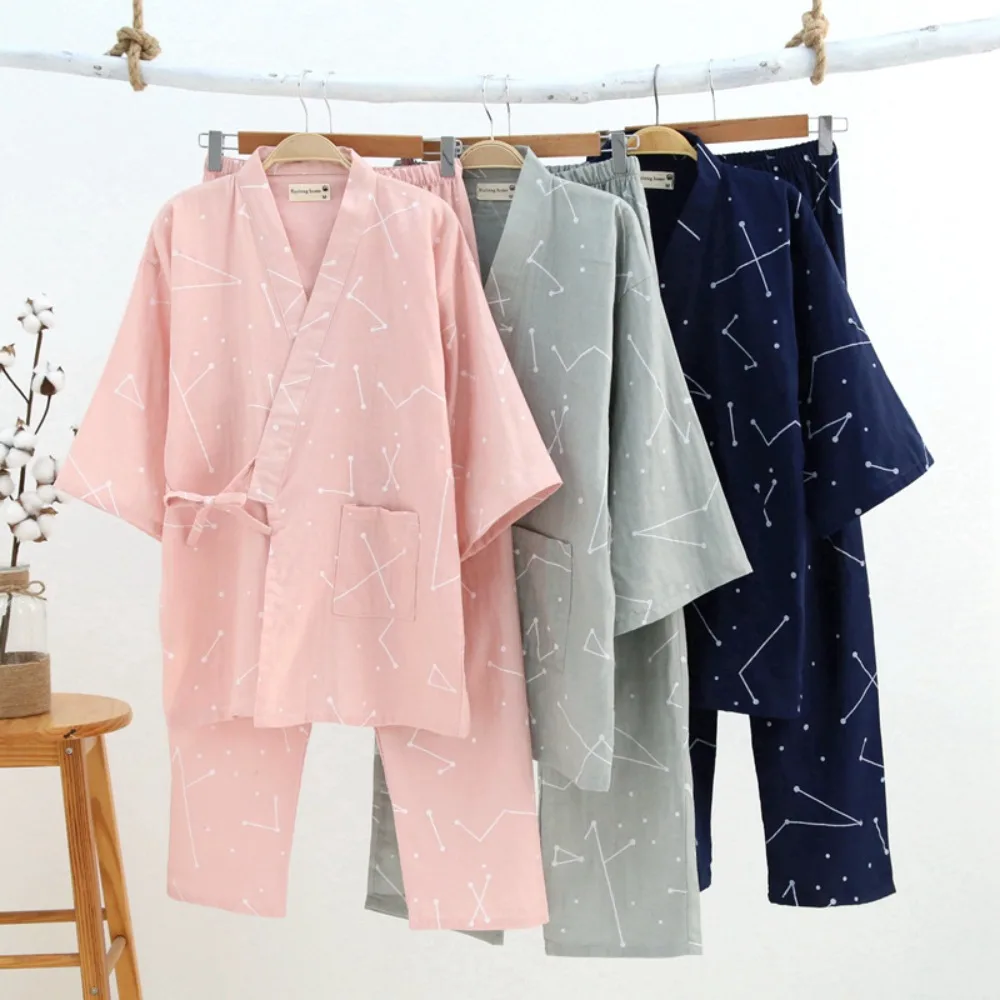 

Couple's Japanese Kimono Pajama Set - Spring/Autumn Cotton Gauze Yukata Loungewear, Unisex Breathable Spa Robe & Home Wear