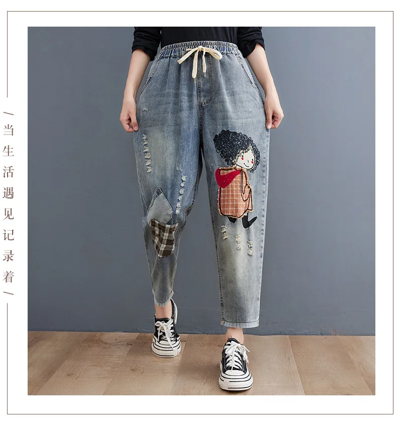 刺繍ジーンズ女性の春と夏の新しいクロップドレトロカジュアル特大ルーズハイウエスト刺繍スリムで多用途