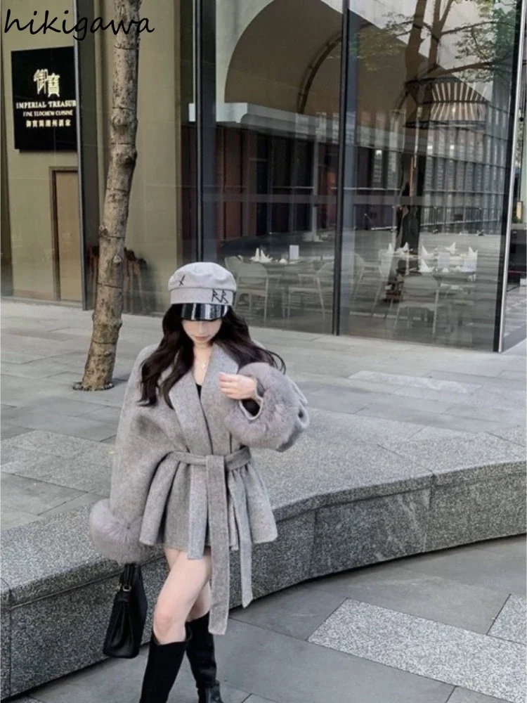 Fashion Coats for Women Patchwork Furry Long Sleeve Bandage Outwear Korean Y2k Clothing Korean Temperament Solid Color Jackets