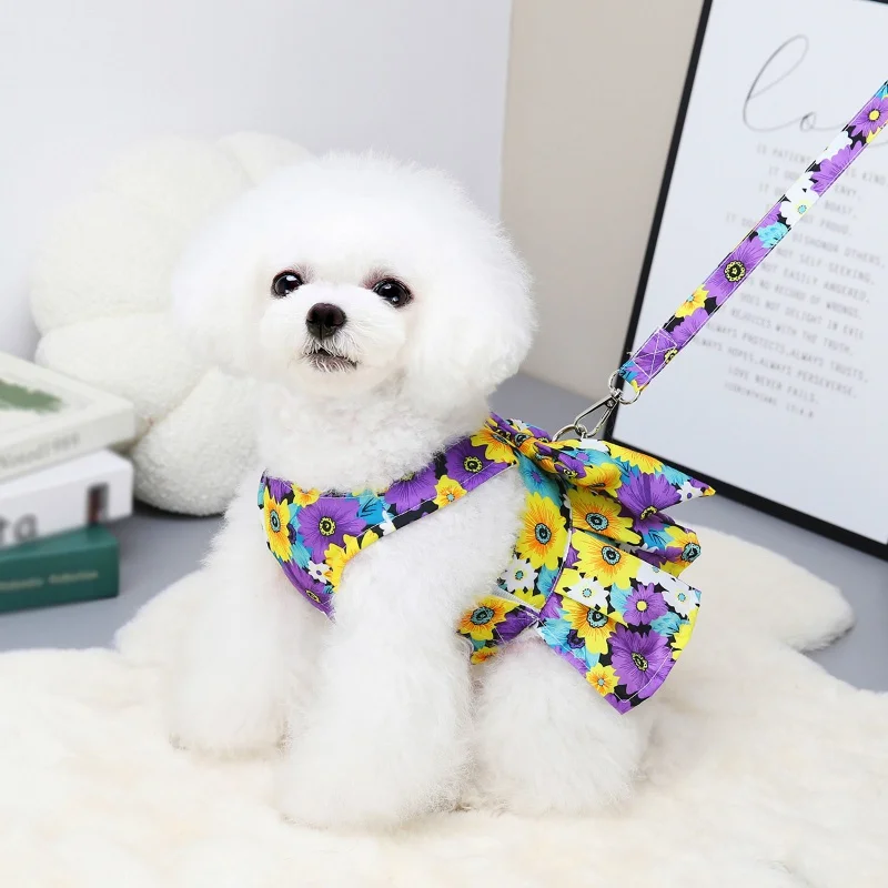 Spring and Summer Bow Dog Collar Skirt Pet Harness Puppy Clothes Princess Dresses Flower Printing Cute Harness Vest Breast Strap