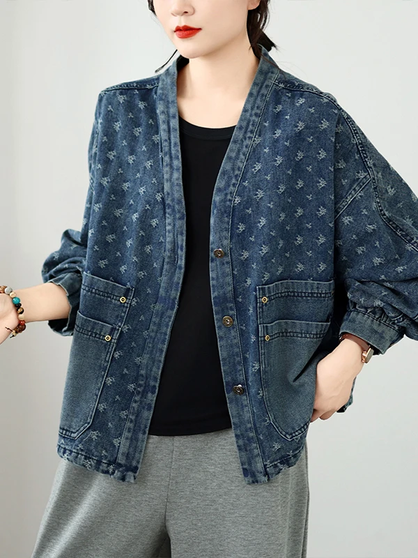 Women's Loose Fit Denim Short Jacket Autumn 2026 Fashion Multi-Pocket Embroidered Fabric Straight Body Shape Single Piece