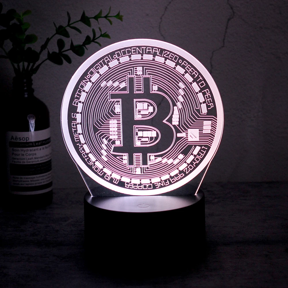 Acrylic Led Night Light Bitcoin for Room Decorative Nightlight Touch Sensor 7 Color Changing Battery Powered Table Night Lamp 3D