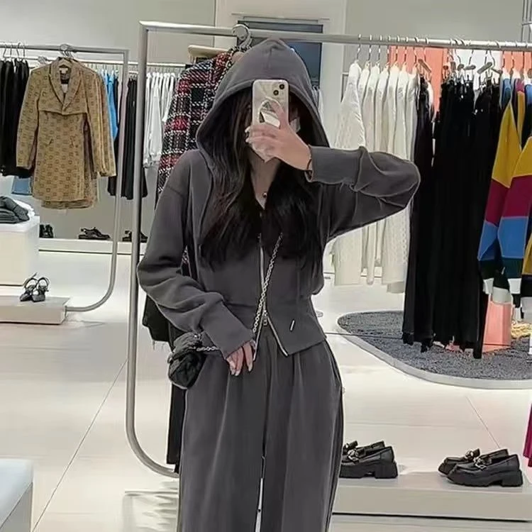 Woman\'s Winter Japanese Street Hooded Sweater Coat Wide-leg Pants Suit Retro Casual Zipper Sweater Cardigan Pants Two-piece Set