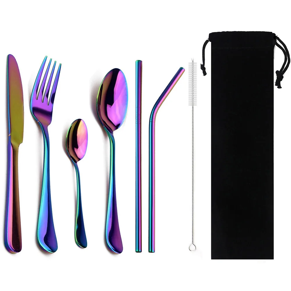 8-Pcs Black Portability Dinnerware Metal Straw Stainless Steel Colorful Tableware Steak Knife Fork Teaspoon Dinner Cutlery Set