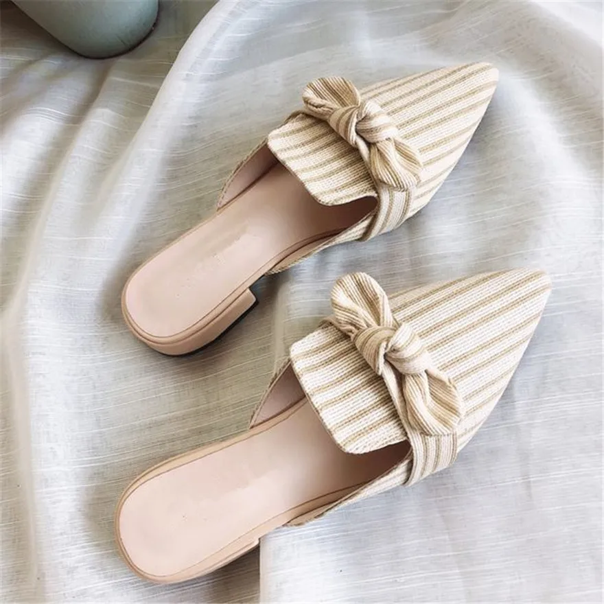Kobieta moda Bowknot paski Muller buty szpiczasty nosek letnie kwadratowe wysokie obcasy klapki damskie kobiece rozrywka klapki 34-42