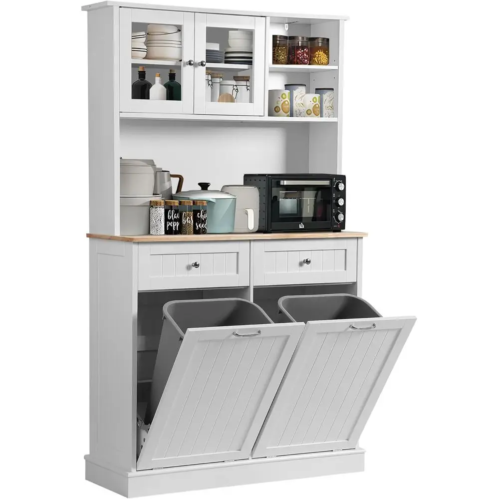 

Freestanding Tall Kitchen Pantry Cabinet with 2 Drawers and 1 Trash Bin, White