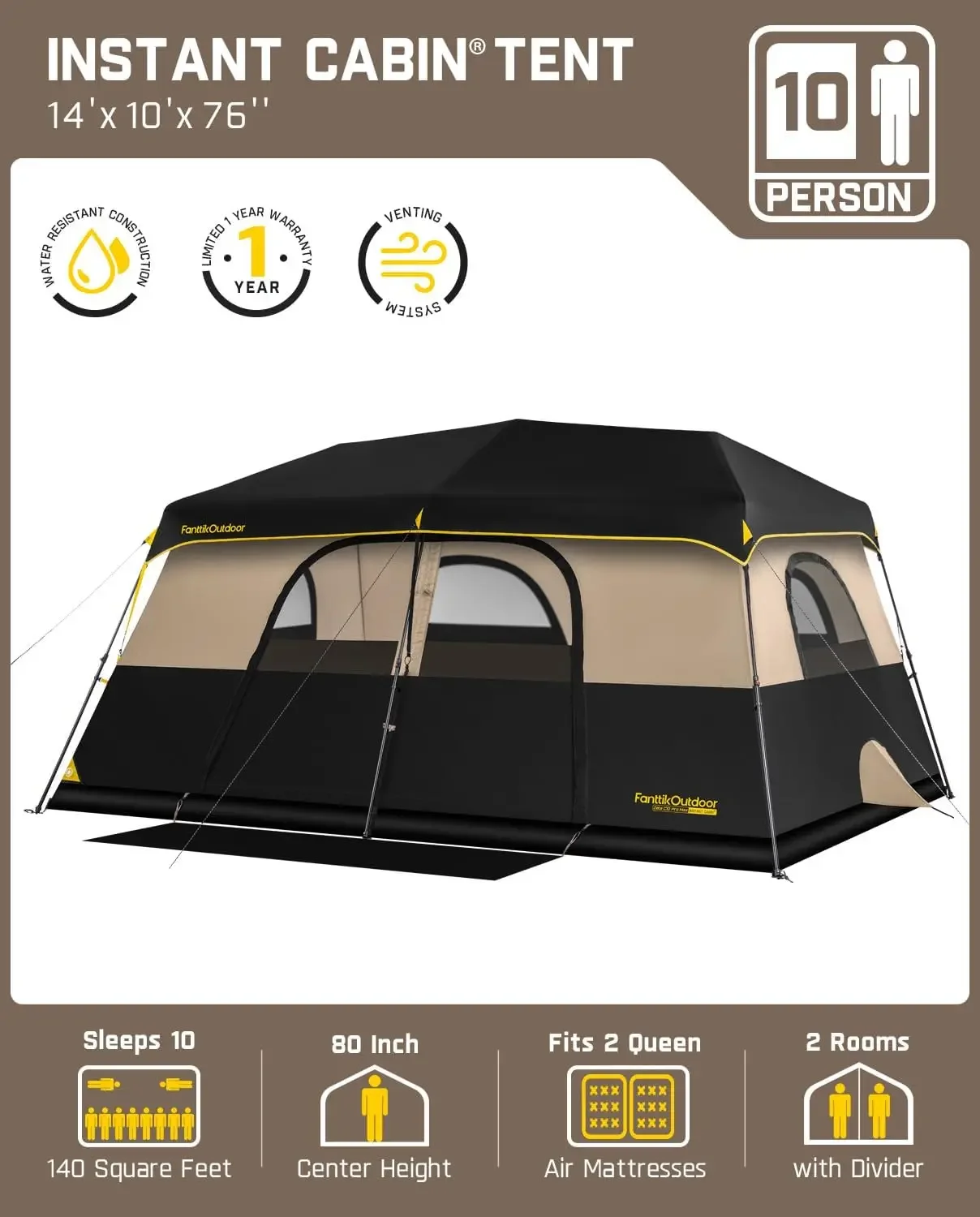 Instant Cabin Tent 6/8/10/12 Person Camping Tent Setup in 60 Seconds with Rainfly & Windproof