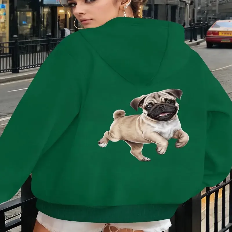 

Осенне-зимняя одежда, женский свитшот больших размеров, большой размер, топ с длинными рукавами и круглым вырезом с изображением мопса и щенка