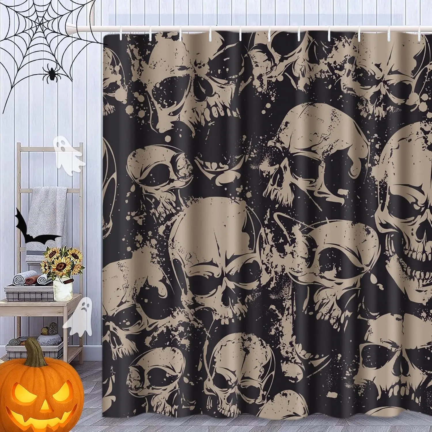 

Занавеска для душа Bayson Spooky Halloween, жуткий череп на черном фоне, занавеска для ванной для декора ванной комнаты, водонепроницаемый полиэстер Fa