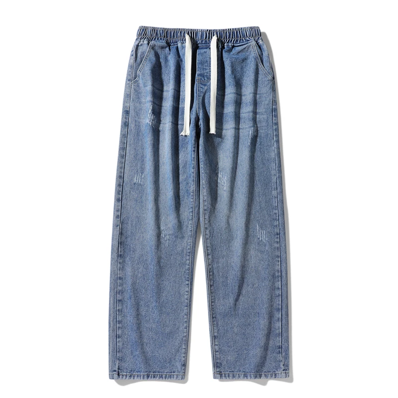 

Summer Street Men Jeans Fahsion Loose Korean Style Straight Wide Leg Pants Elastic Waist Strap Casual Jogger Denim Trousers