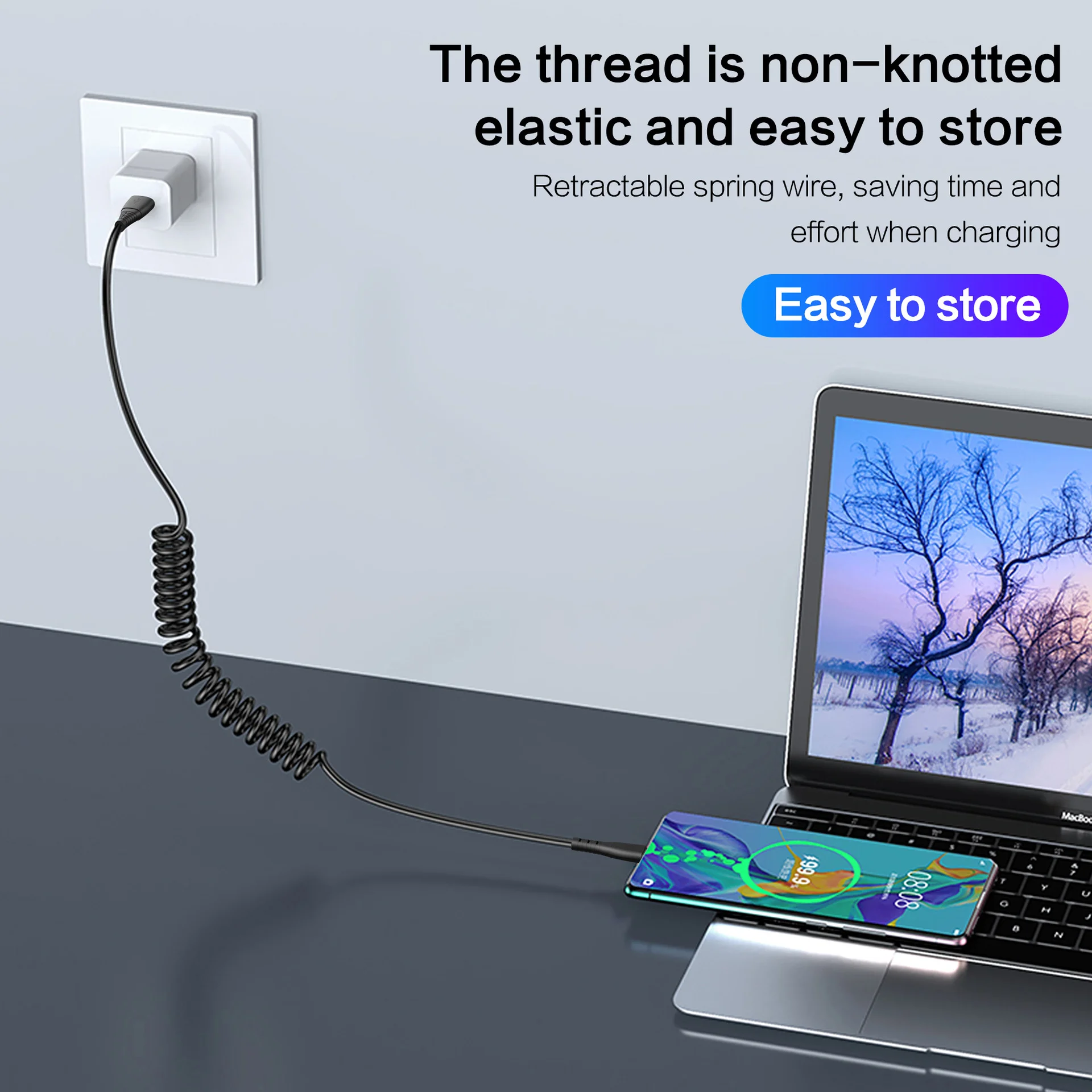 66W 5A Fast Charging Type C Cable Spring Telescopic Car Phone Charger USB Cable For Samsung S24 Xiaomi Redmi Huawei USB C Cable